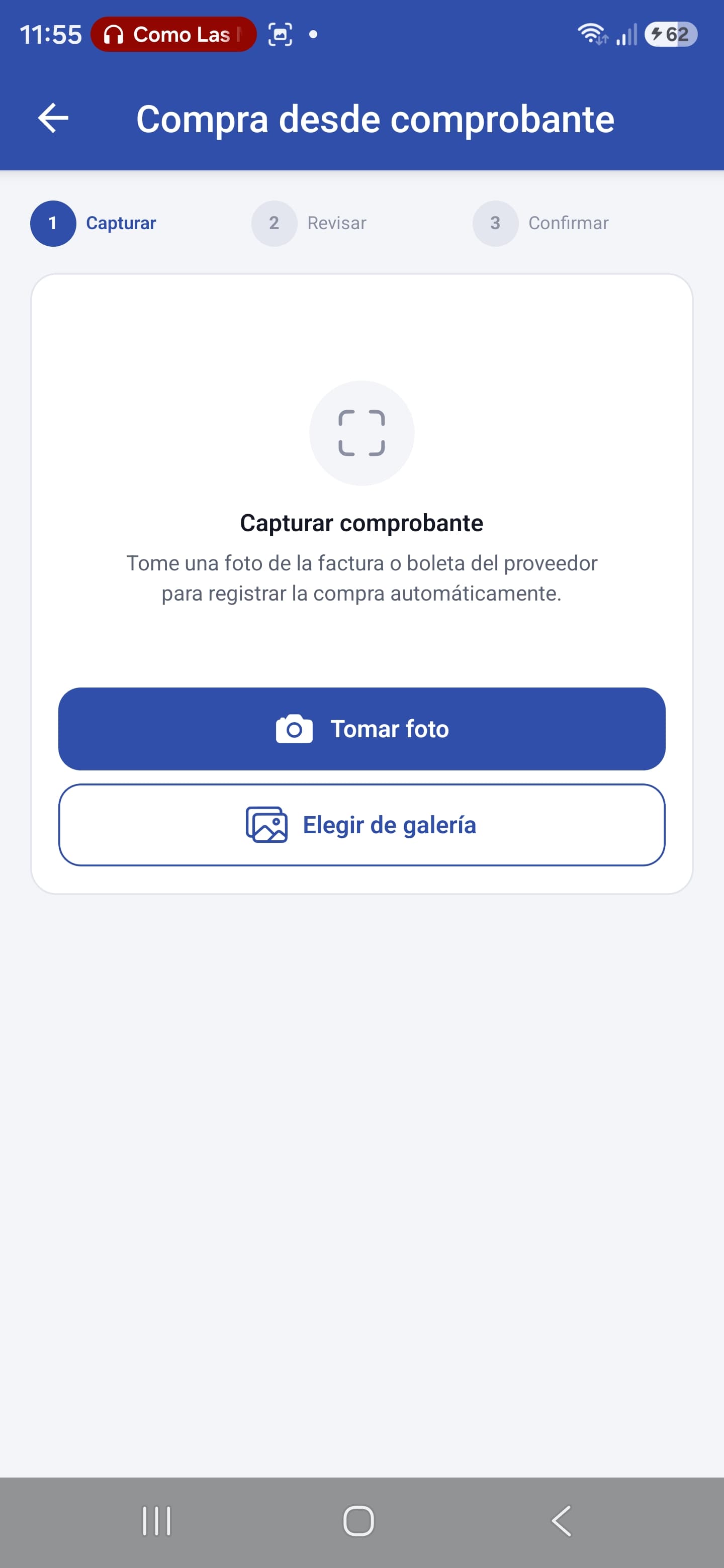 Pantalla Compra desde comprobante: capturar, revisar y confirmar
